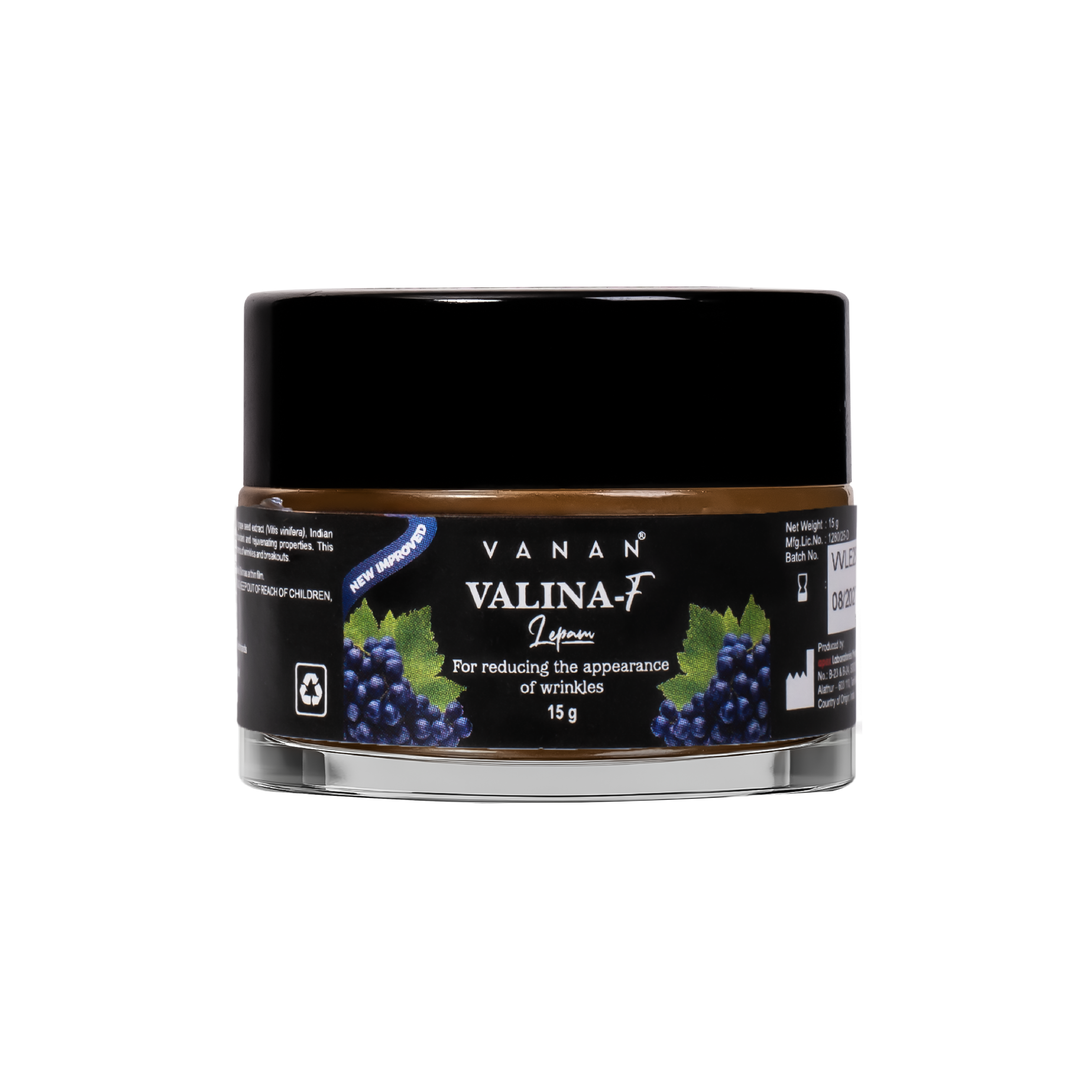 Jar of Vanan Valina-F cream with black lid on a white background