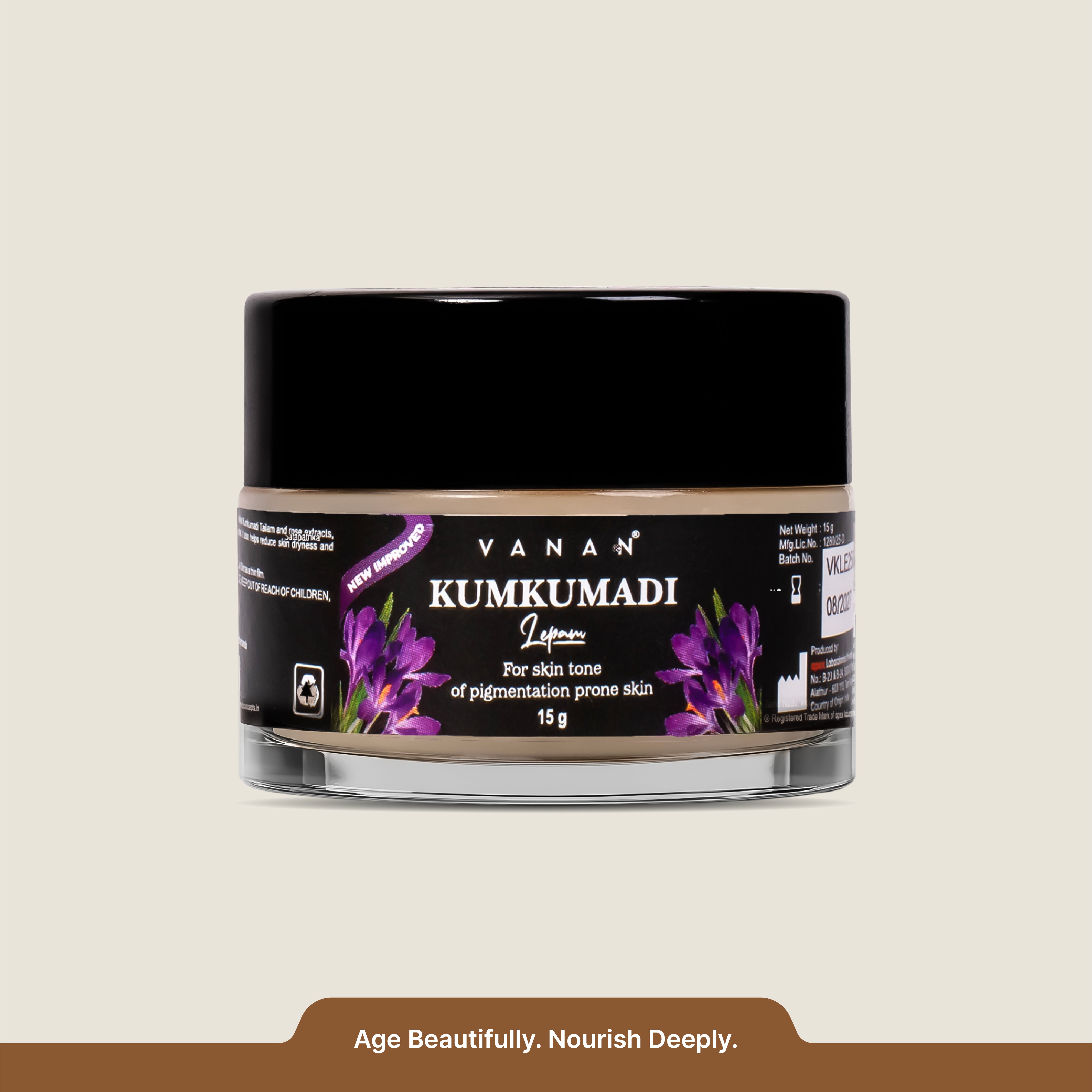 Jar of Vanan Kumkumadi Lotion on a beige background