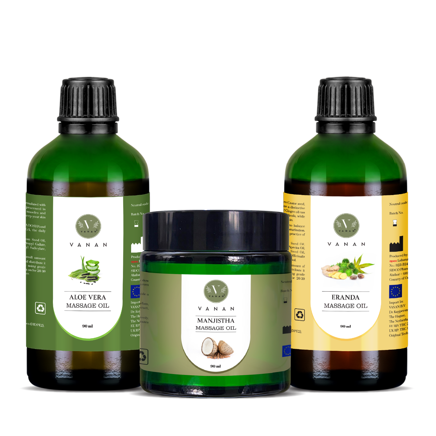 Three different Ayurvedic skin care oil bottles alongside a jar, each labeled with their respective product names: Aloe Vera, Eranda (Castor), and Manjistha. The background is plain white.