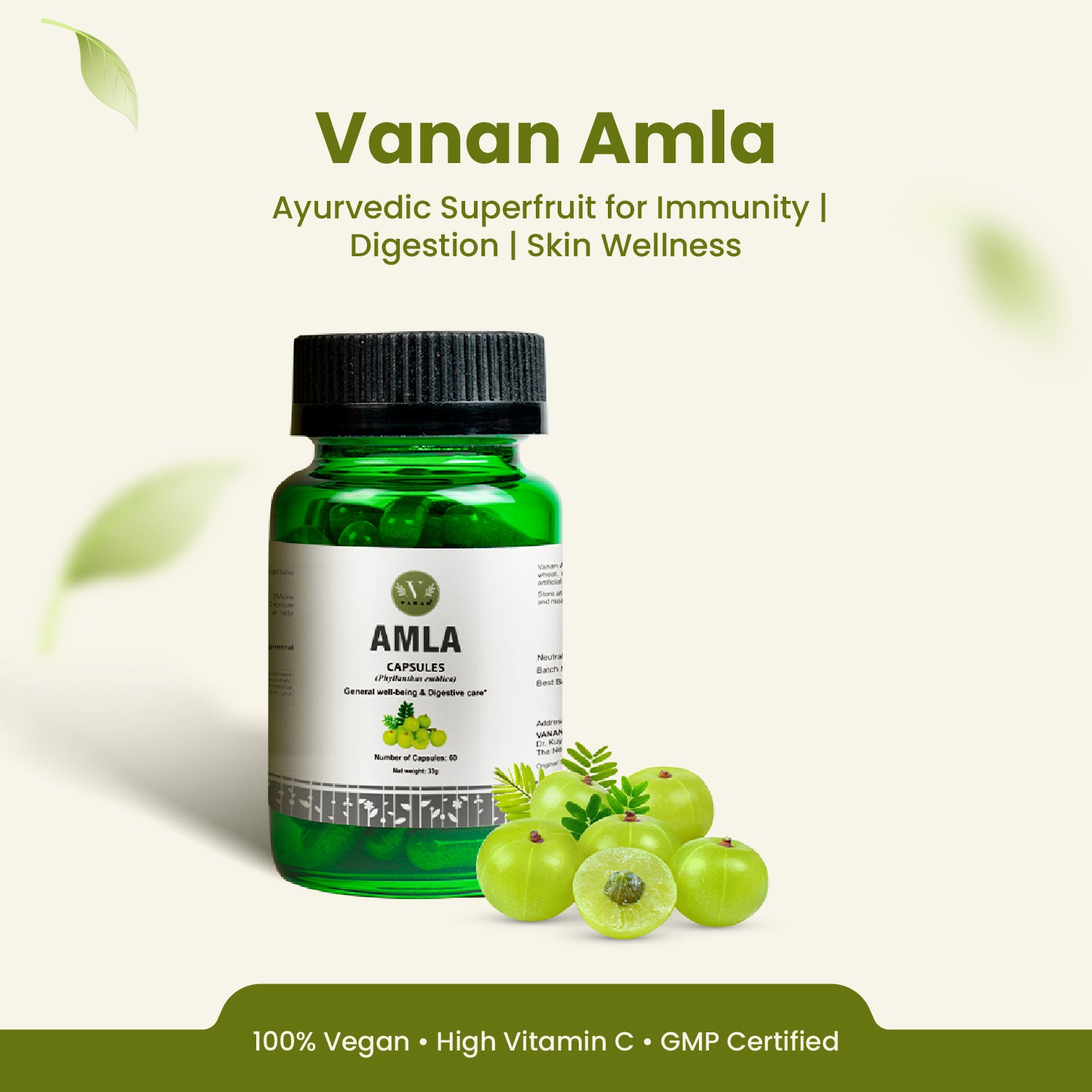 Vanan Amla supplement bottle with green capsules and amla fruits on a light background