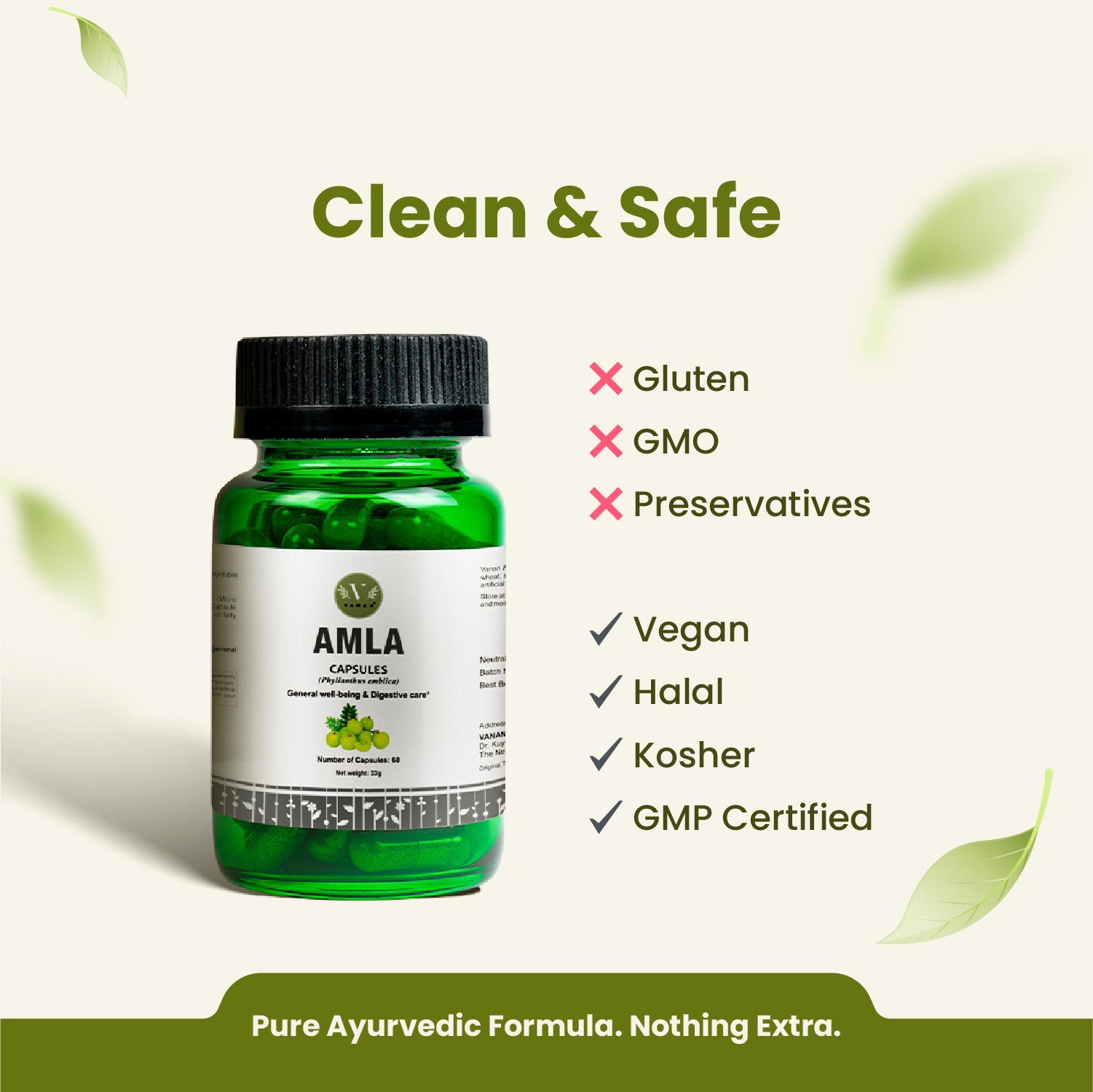 Green bottle of Amla capsules with certification labels on a white background