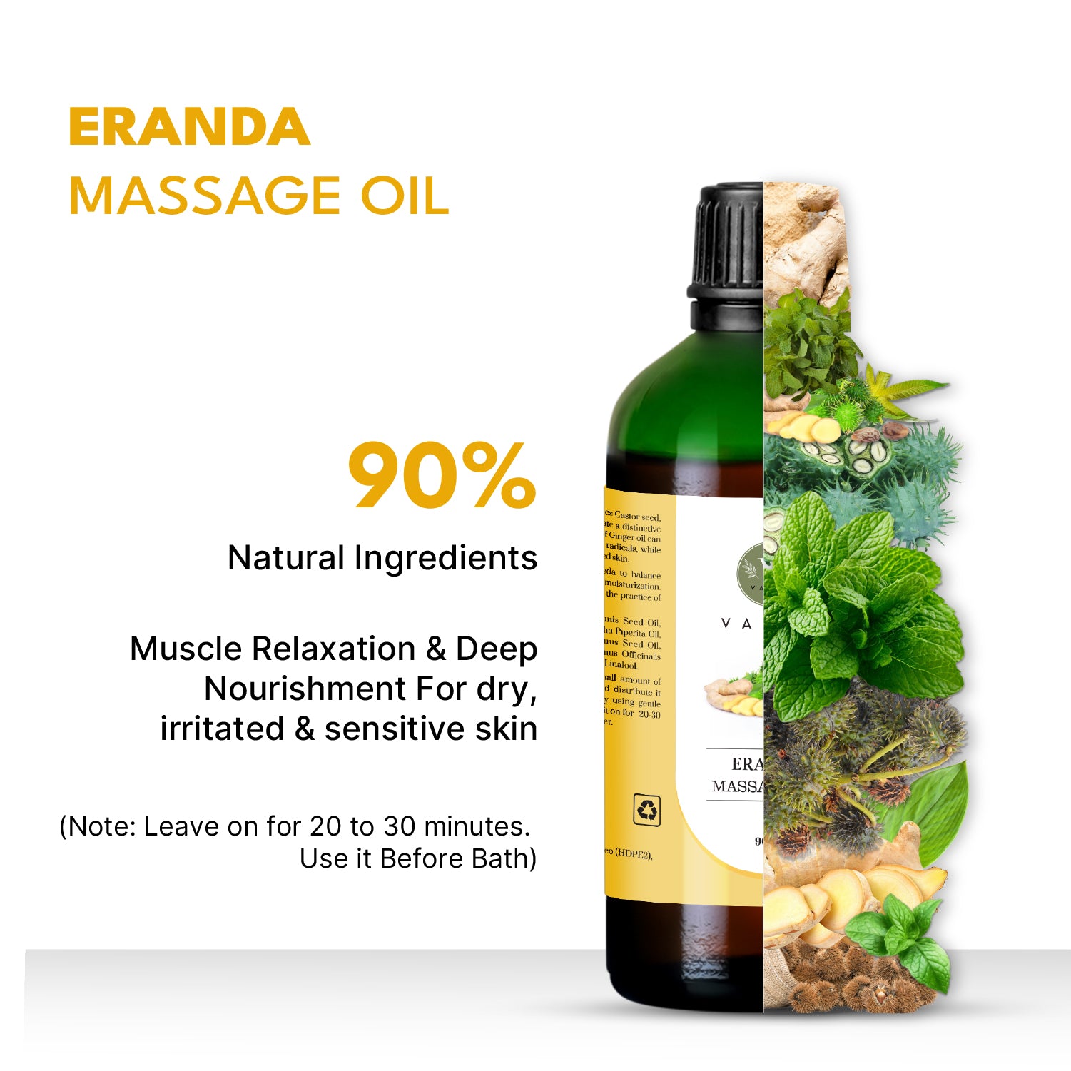 Massage oil bottle with natural ingredients and text on a white background