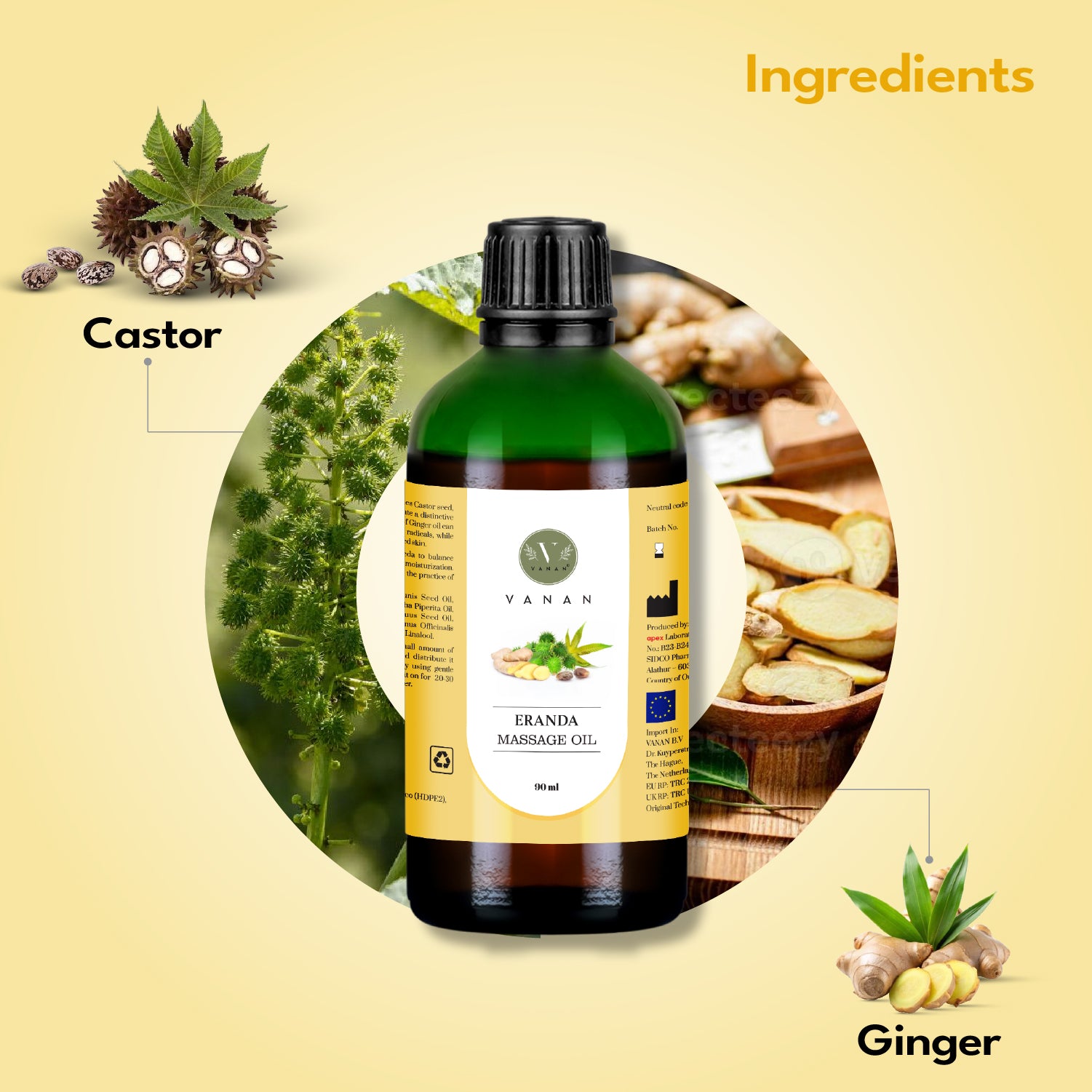 Bottle of Eranda massage oil with ingredients like castor and ginger on a yellow background.