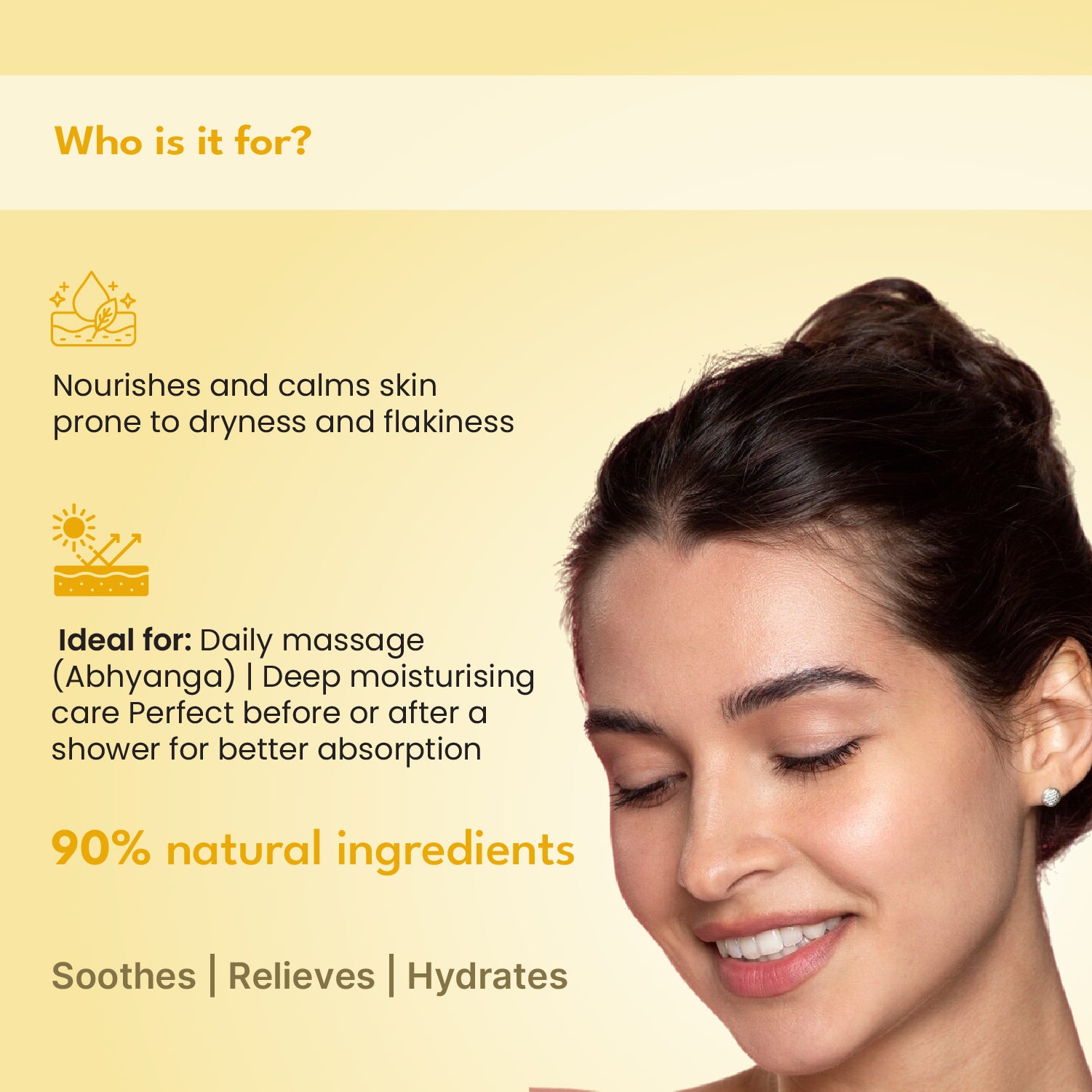 Product packaging featuring a woman's face with text highlighting product benefits.