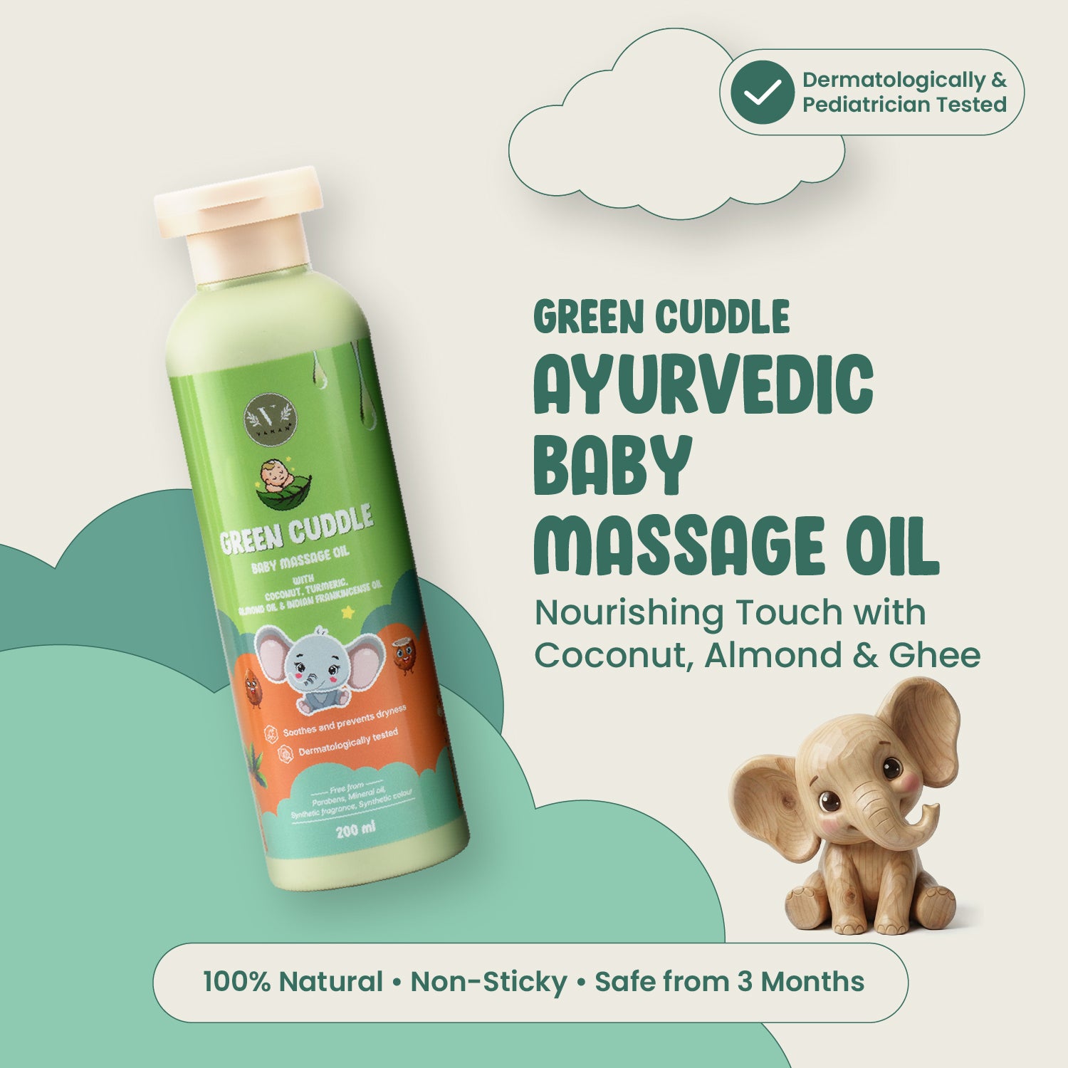 Green Cuddle Ayurvedic Baby Massage Oil bottle with baby elephant toy on a light background