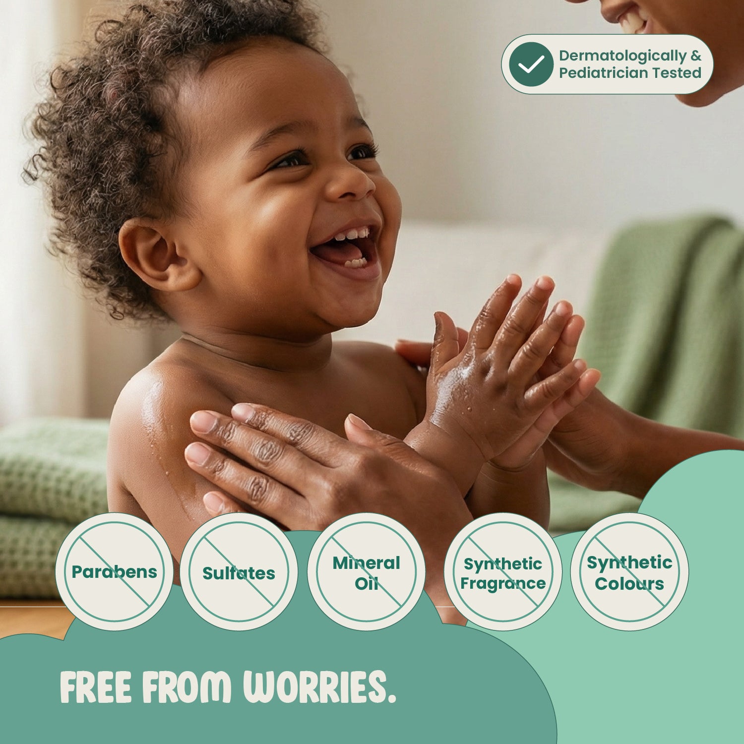 Child with soap on hands, surrounded by product safety features and 'Free from Worries' text.