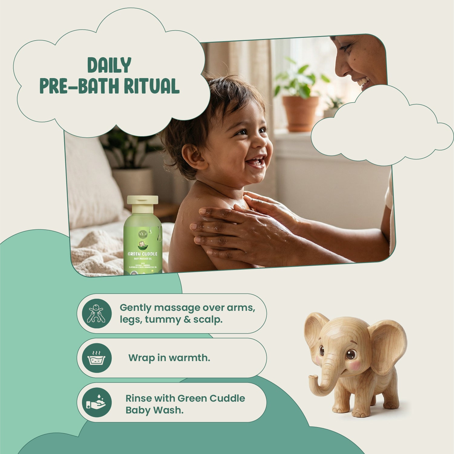 Child being bathed with a bottle of Green Cuddle Baby Wash and an elephant toy on a white surface.