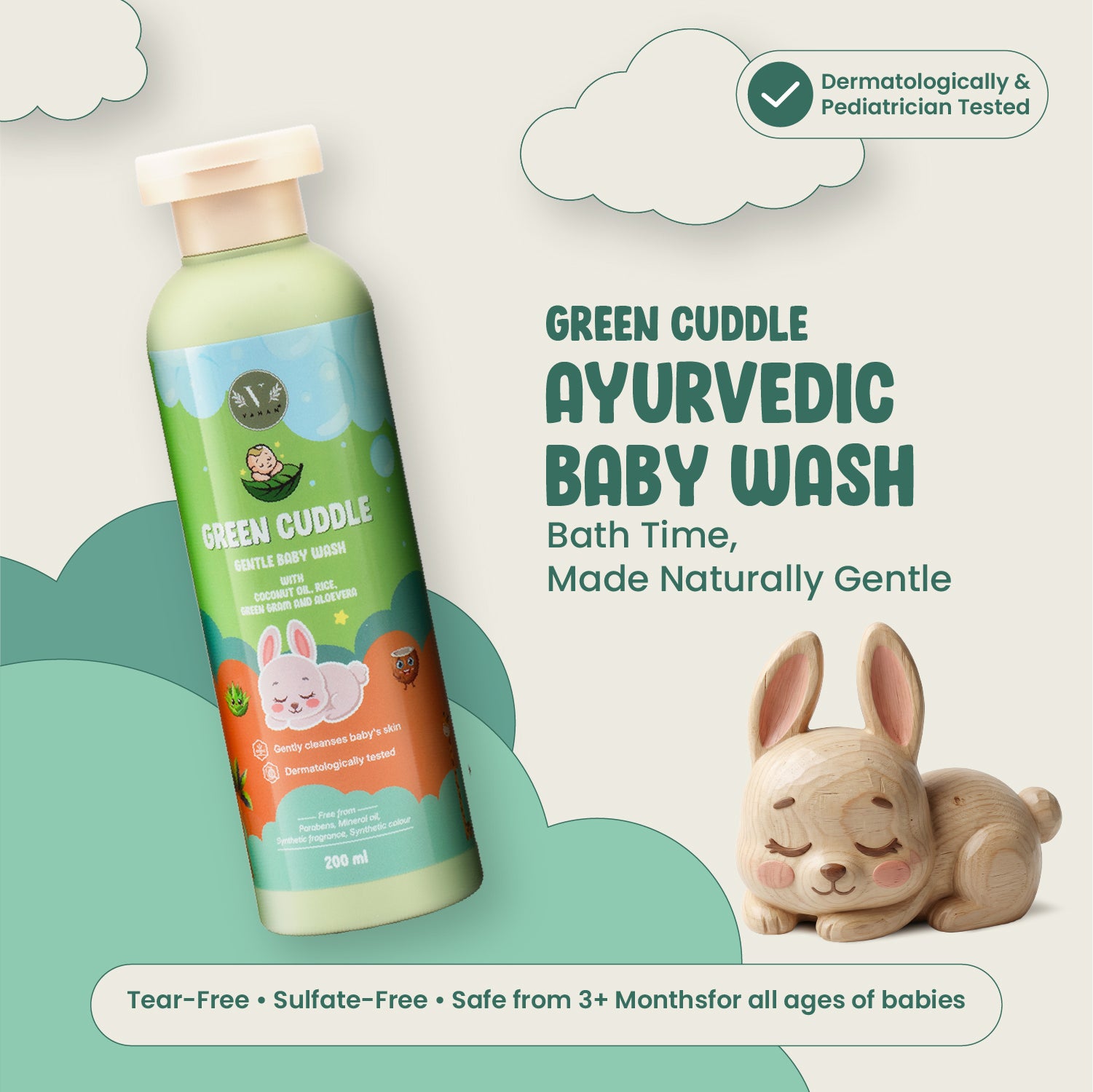 Green Cuddle Ayurvedic Baby Wash bottle with packaging design, rabbit figurine, and cloud elements on a light gray background.
