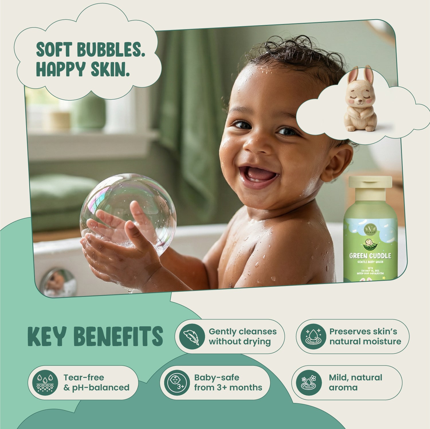 Baby holding a bubble with product packaging and text about its benefits on a green background