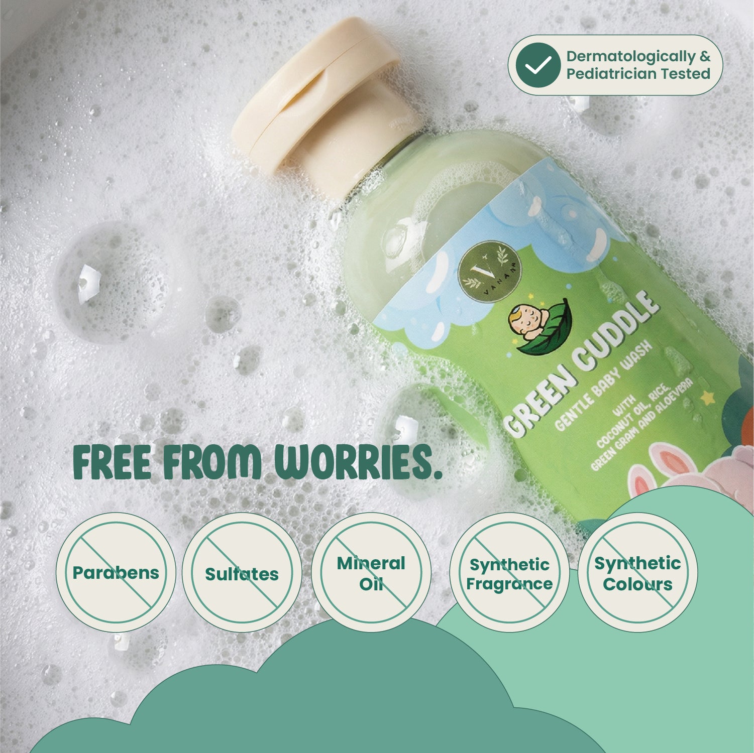 Green Cuddle baby wash bottle with soapy bubbles and safety certification text on a gray background