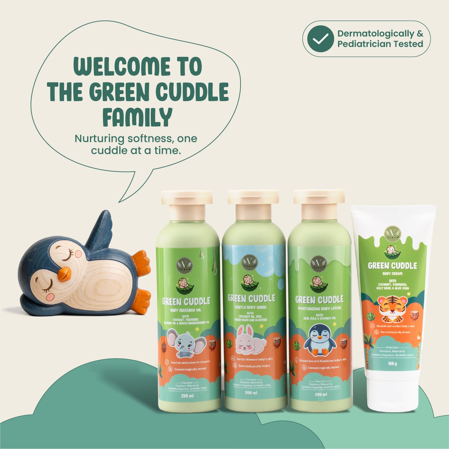 Green Cuddle baby care products with a penguin toy on a light green background