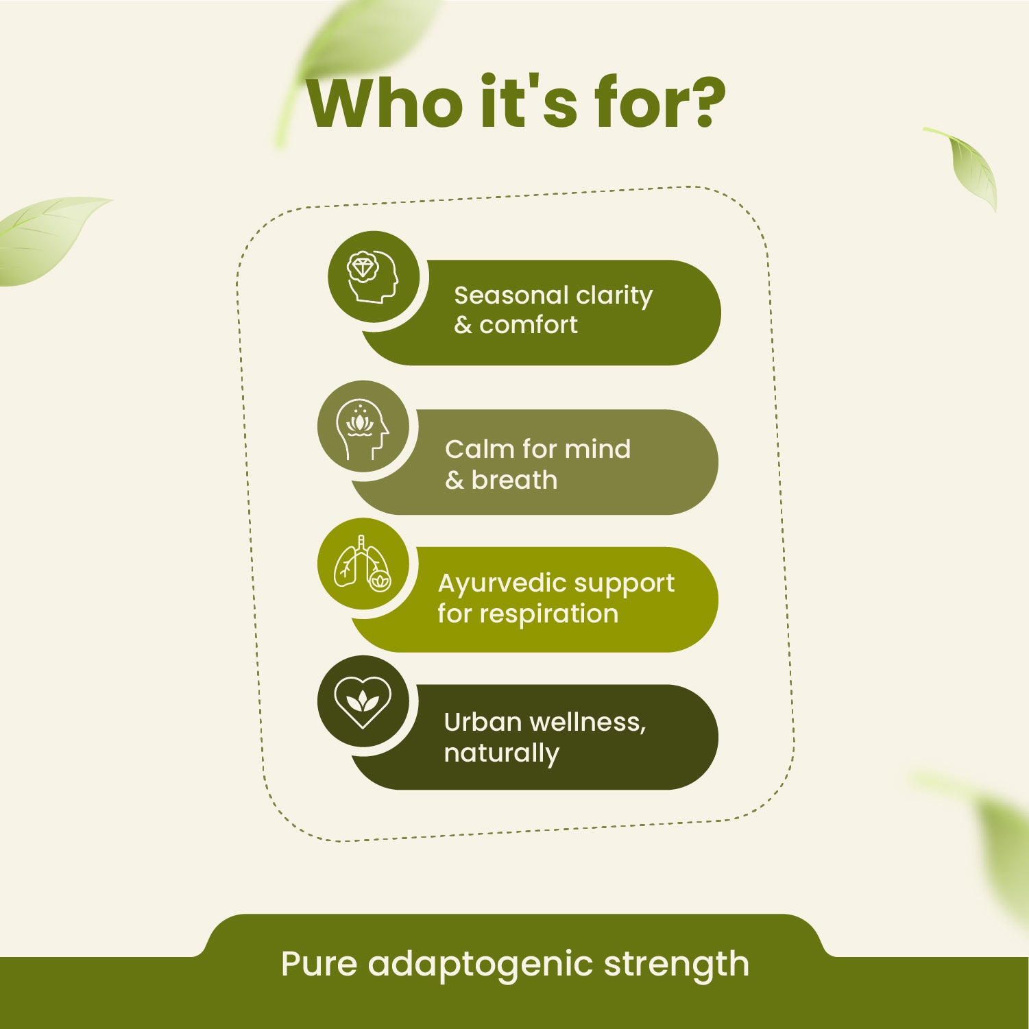 Text detailing the product's target audience on a green background with leaf elements.