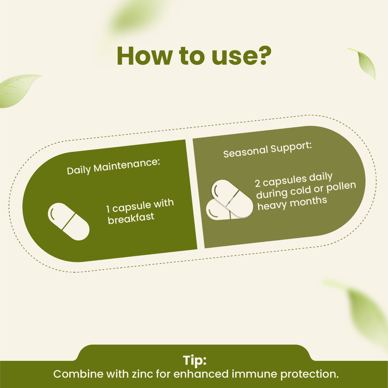 Instructions on how to use capsules for daily maintenance and seasonal support with a green background.