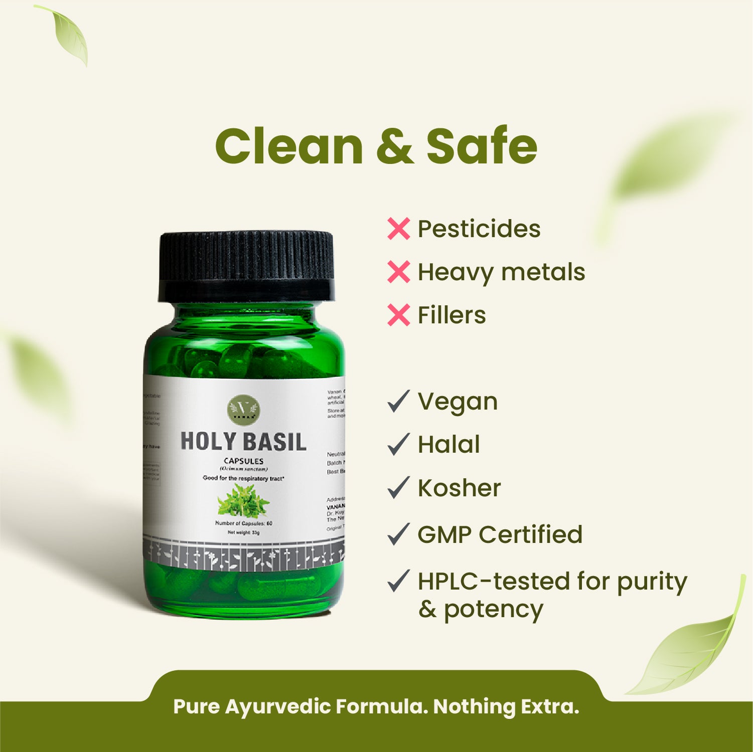 Green bottle of Holy Basil capsules with certification labels on a light green background