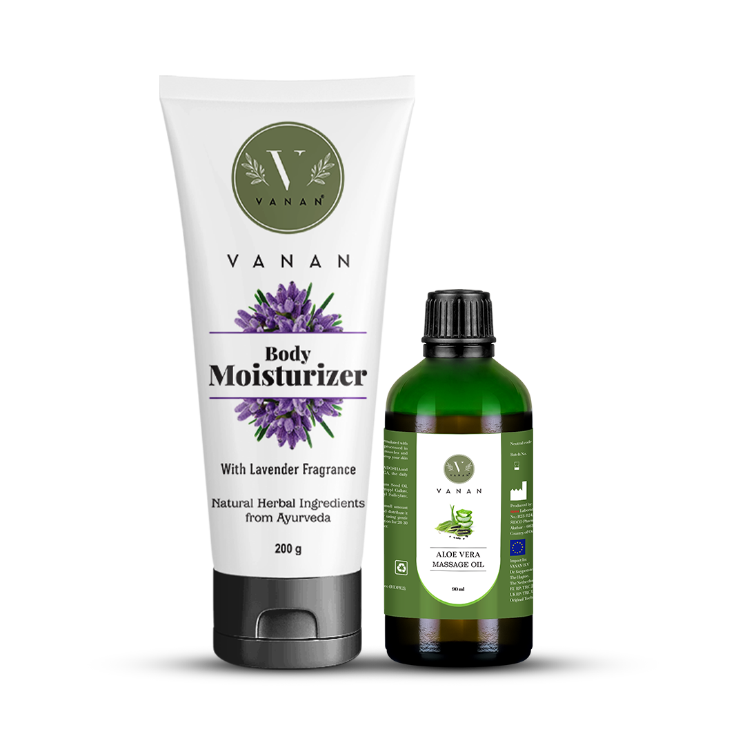 Vanan body moisturizer and aloe vera massage oil on a white background
