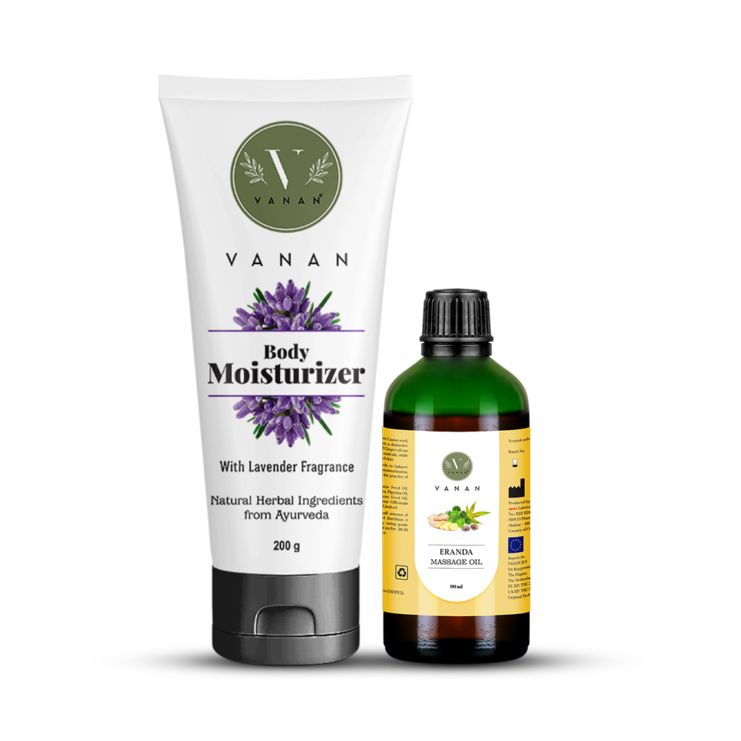 Vanan body moisturizer and massage oil on a white background