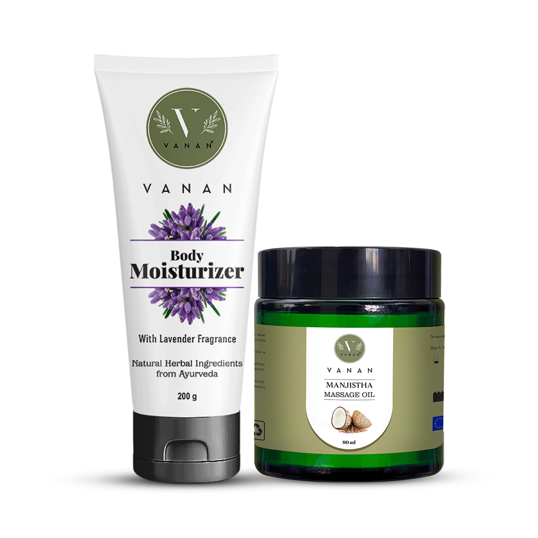 Vanan body moisturizer and Manjistha massage oil on a white background