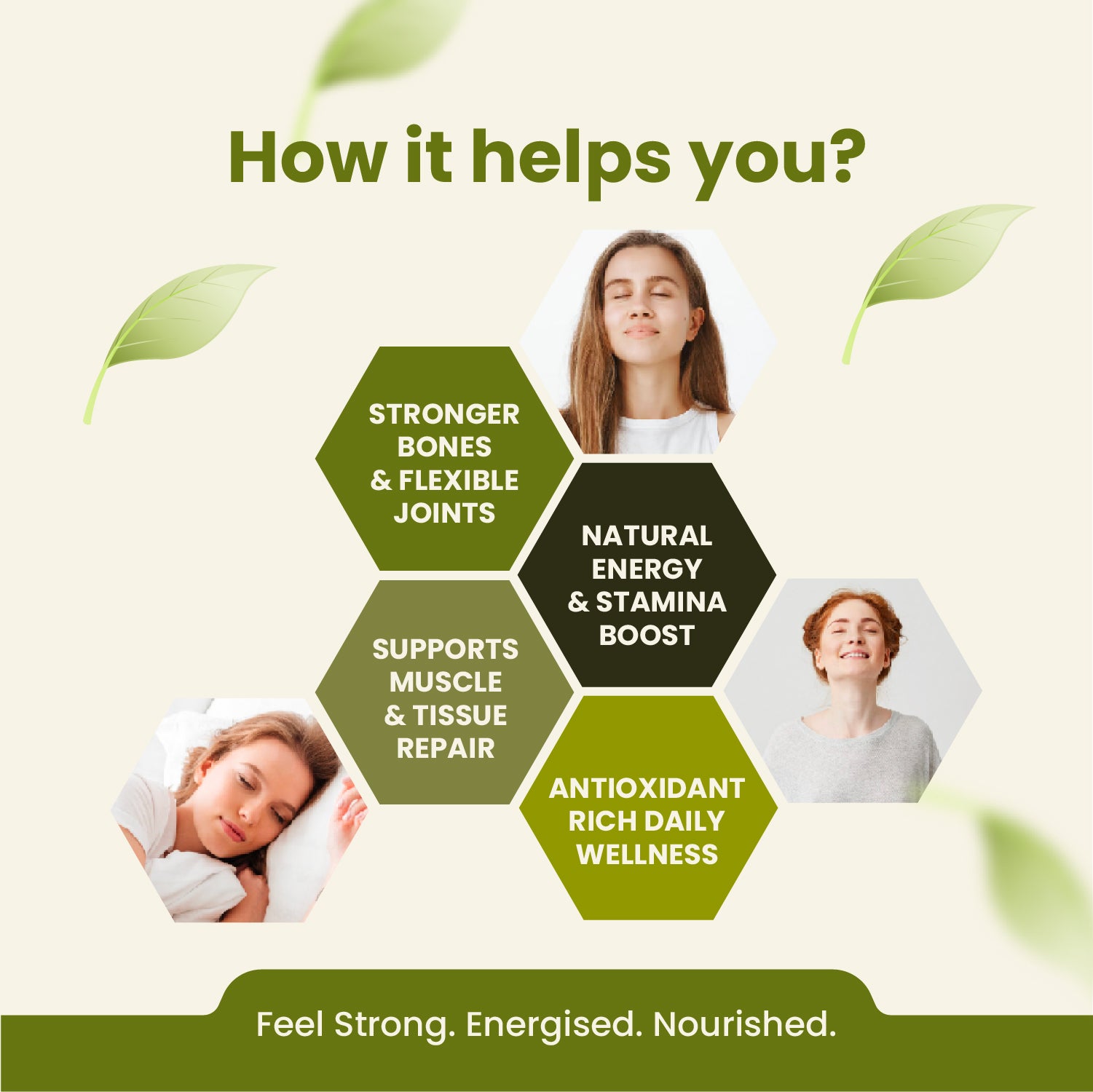 Health benefits of a product or supplement with images of people and text on a light green background.
