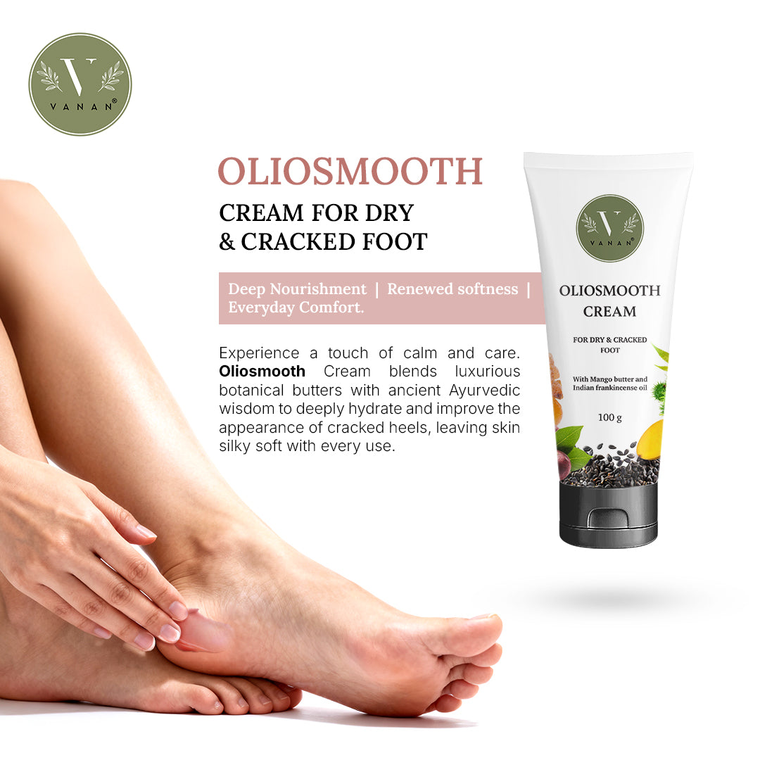 Oliosmooth cream for dry and cracked foot with a person applying the cream to their foot.
