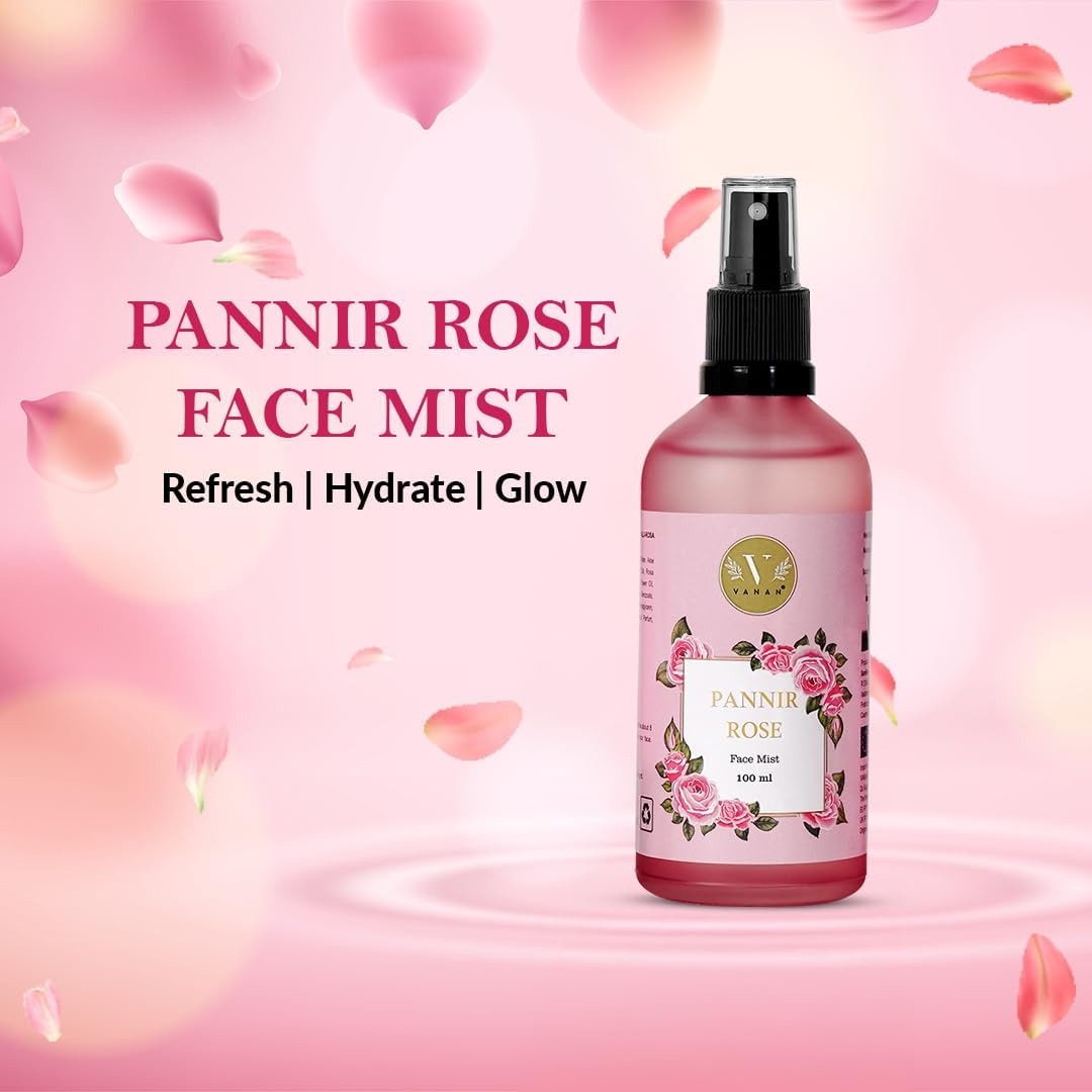 Pannir Rose Face Mist bottle with pink floral design on a pink background with rose petals.