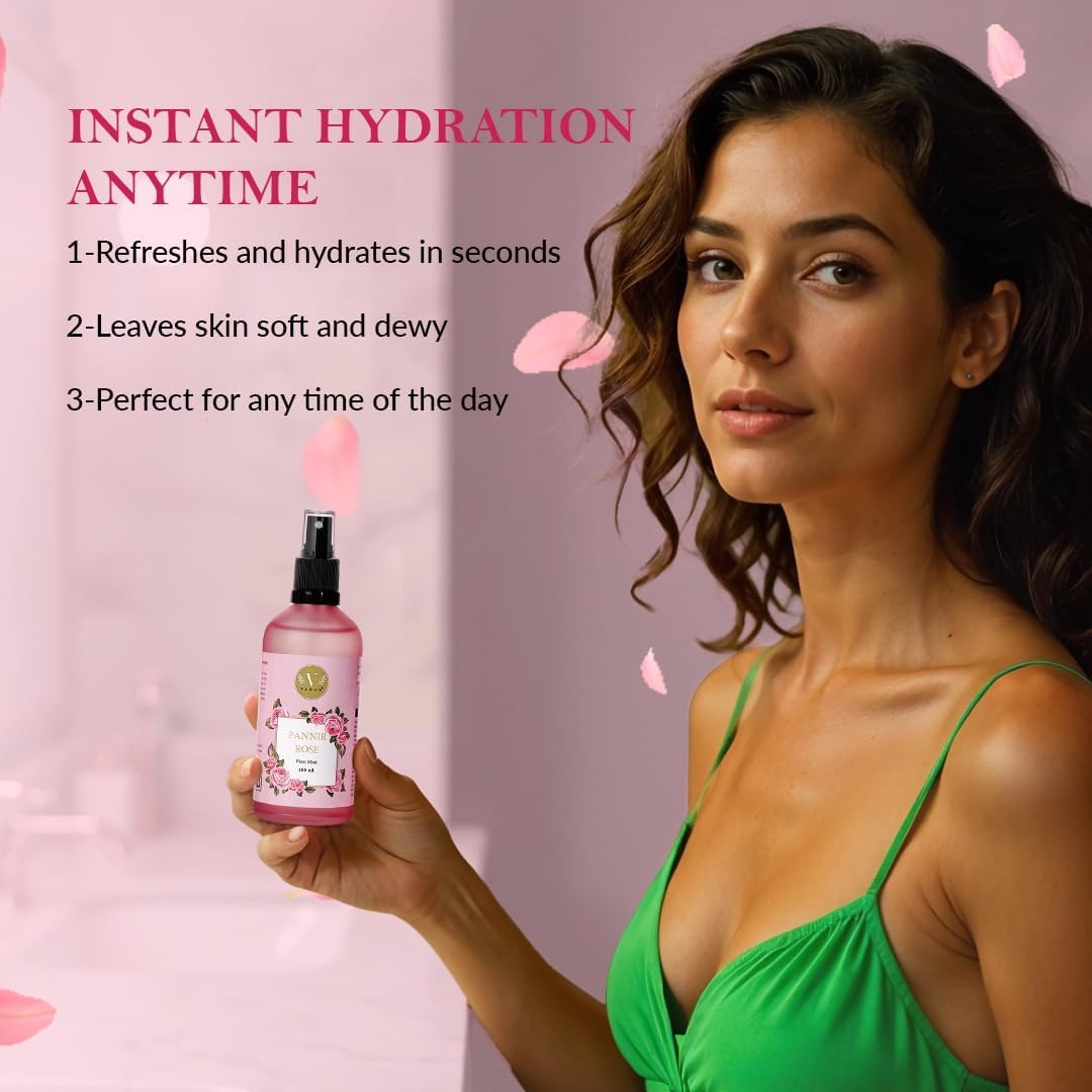 Woman holding a pink bottle with text about instant hydration on a pink background