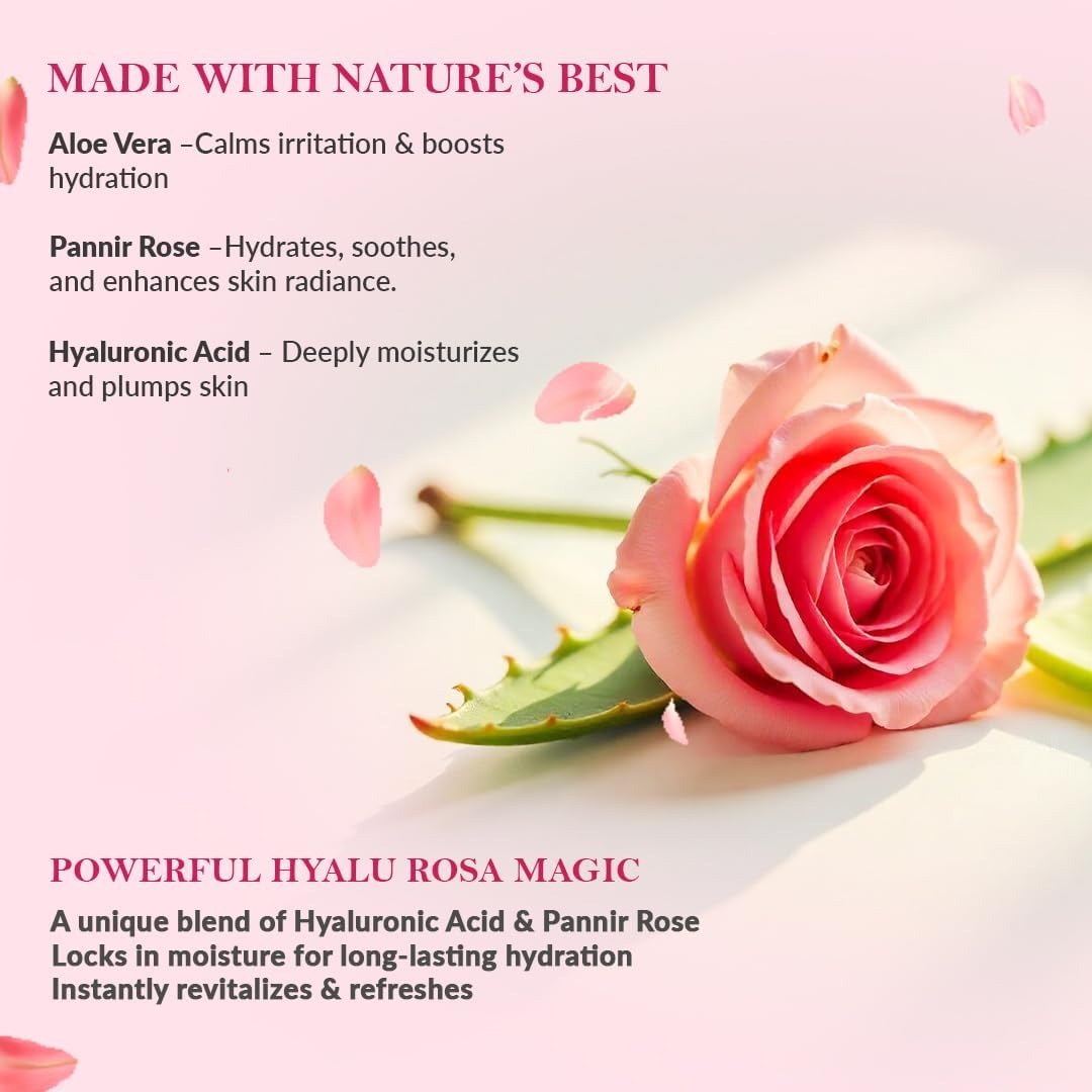 Pink rose and aloe vera with text about skincare ingredients on a light pink background
