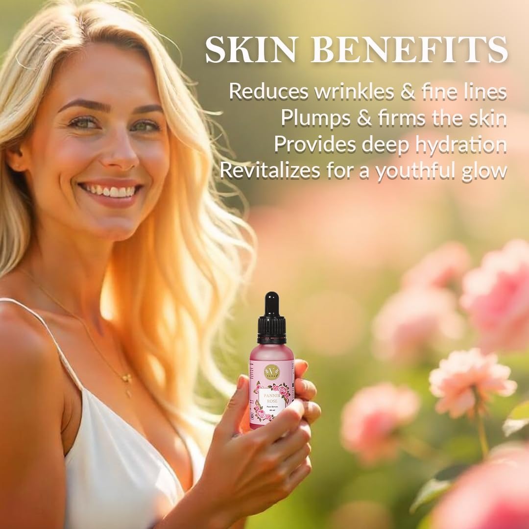 Woman holding a skincare product with text about skin benefits in an outdoor setting.