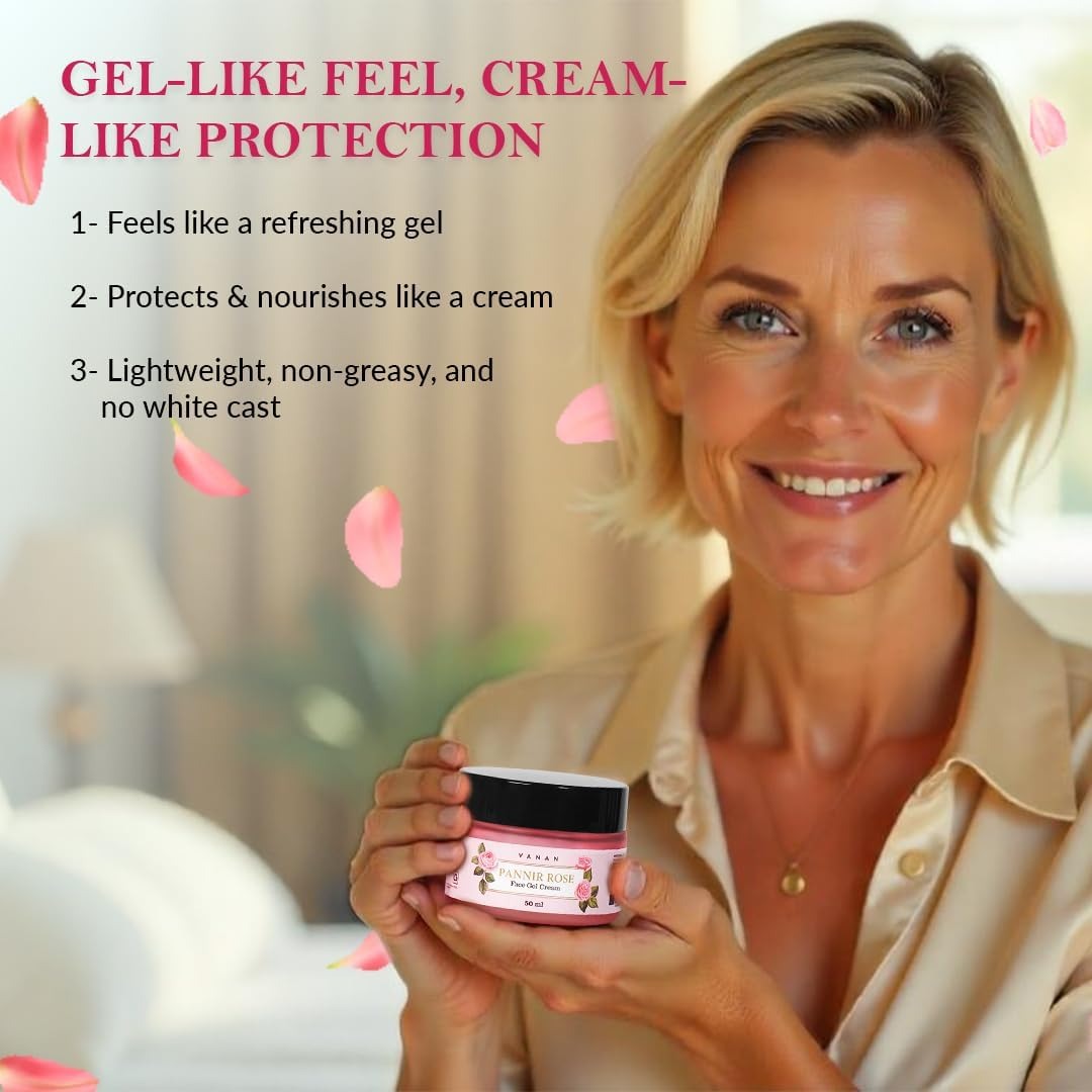 Woman holding a jar of cream with product features highlighted