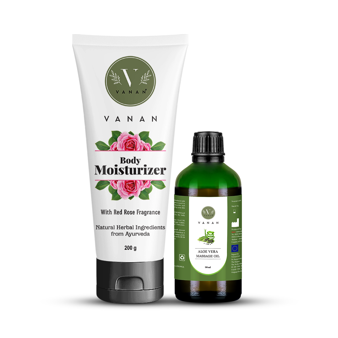 Vanan Body Moisturizer tube and Aloe Vera Massage Oil bottle on a white background