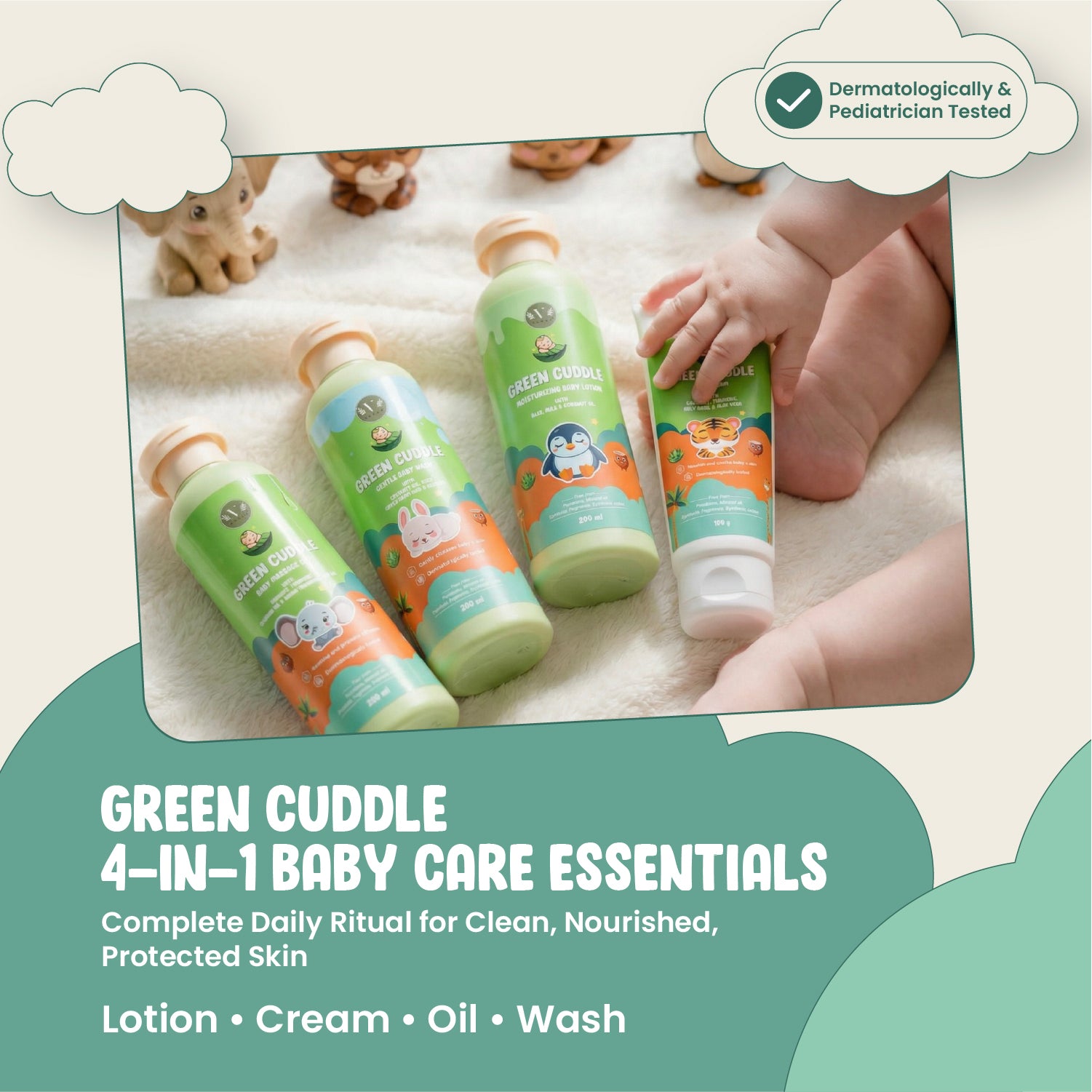 Green Cuddle baby care products with a child's hand holding one, on a soft surface.