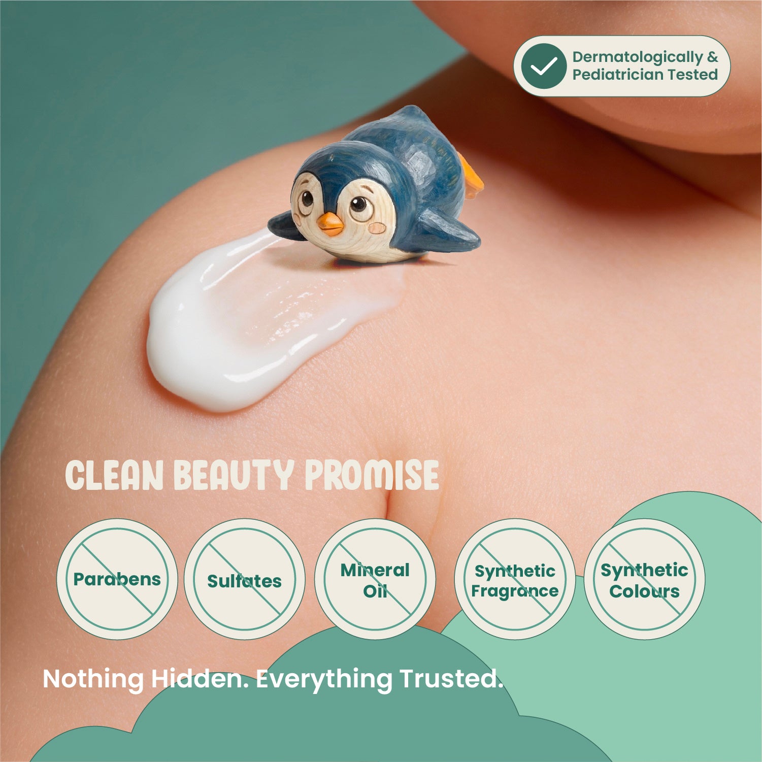 Product advertisement with a penguin toy and cream on skin, featuring a clean beauty promise.