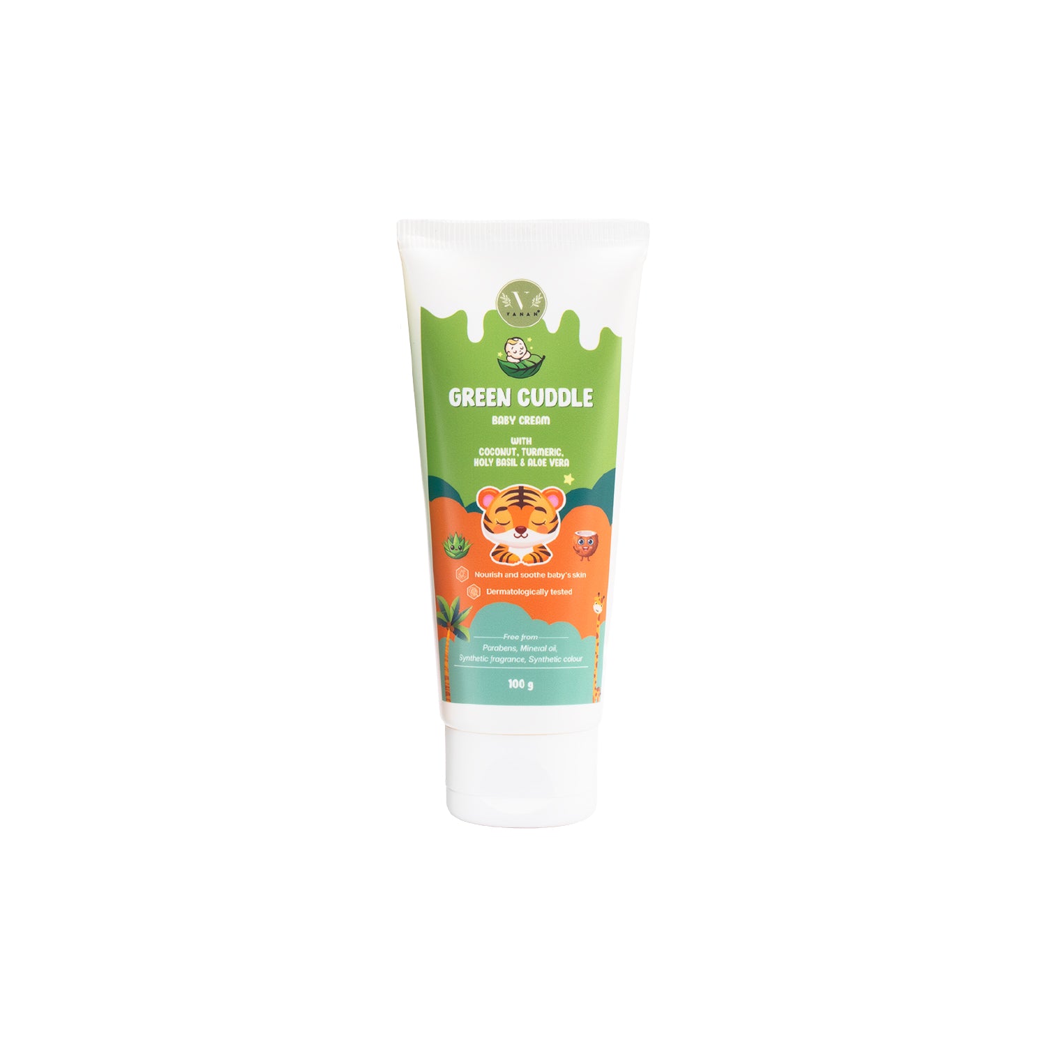 Tube of Green Guddle baby cream with a tiger design on a white background