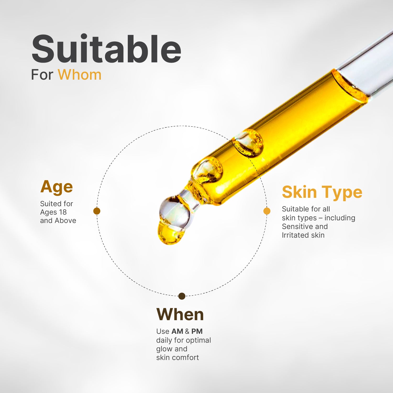 Skincare dropper with text indicating suitability for ages 18 and above, all skin types, and daily use.