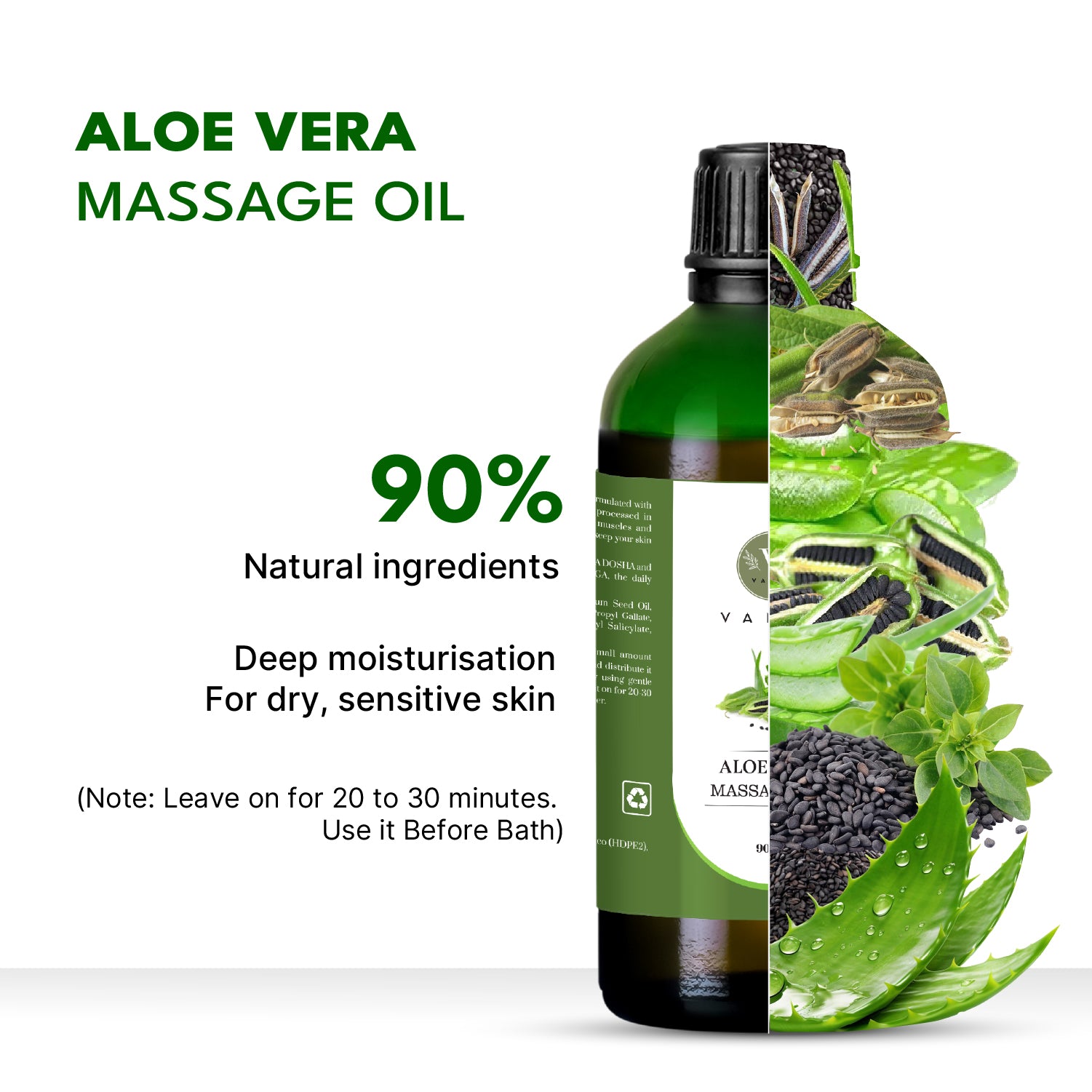 Green bottle of aloe vera massage oil with text and aloe vera slices.