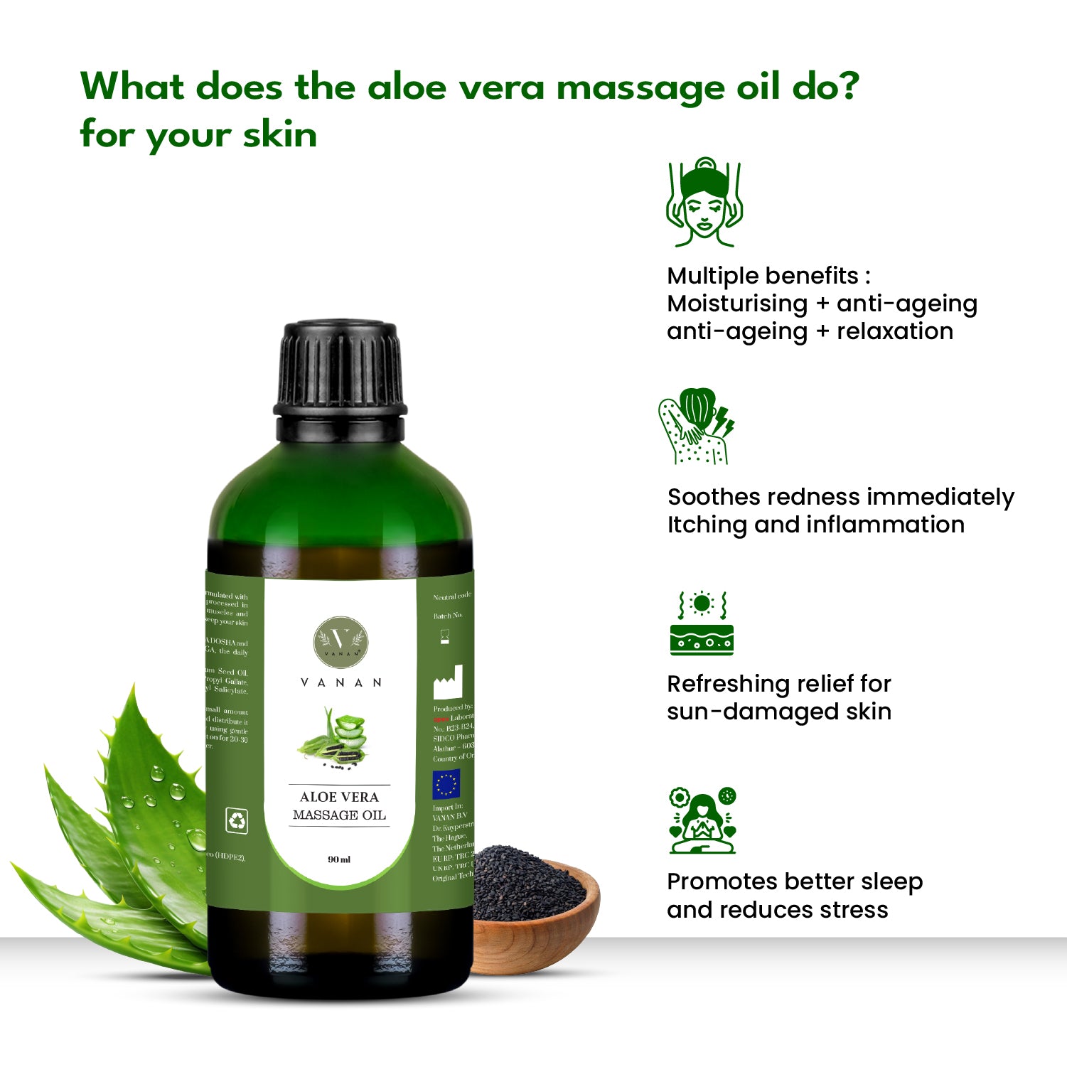Bottle of aloe vera massage oil with text and icons on benefits.