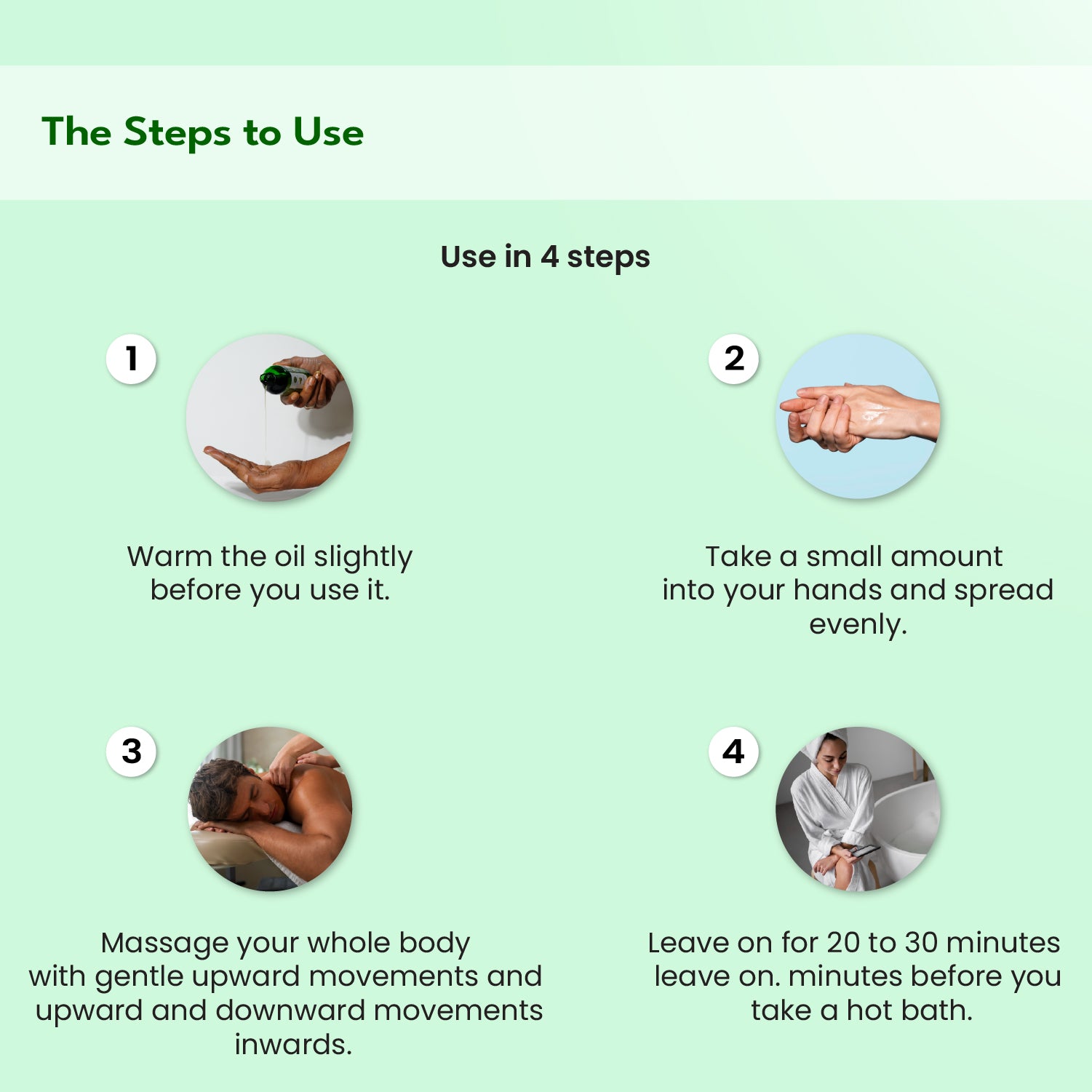 Instructions for using a product with step-by-step icons on a light green background.