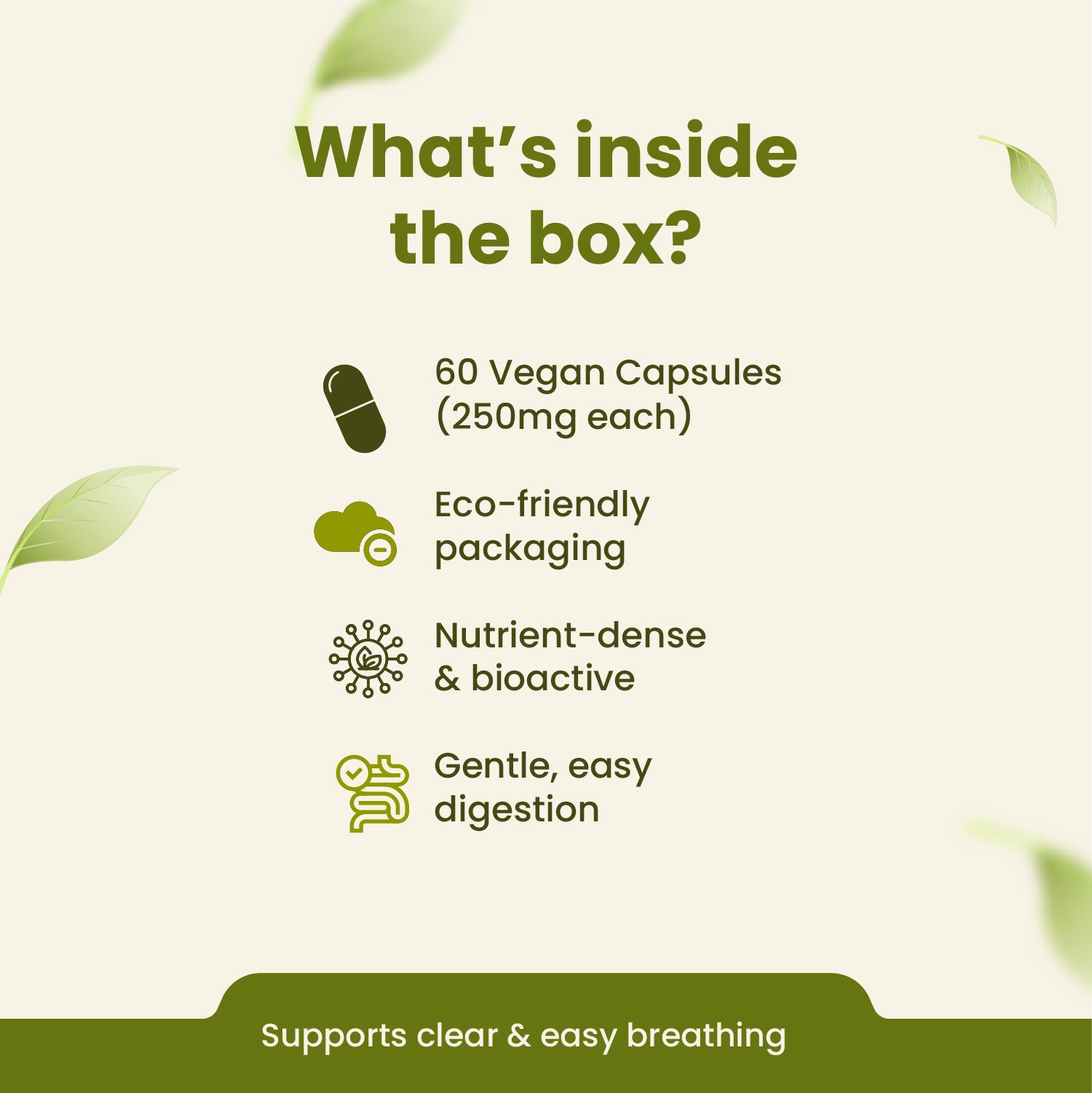 Product packaging with text detailing contents and benefits on a green background