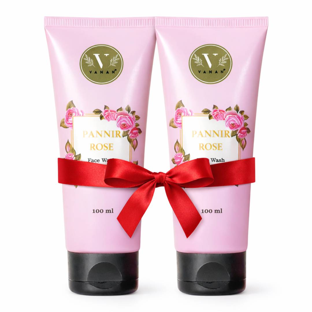 Two pink tubes of Pannir Rose Face Wash with a red ribbon on a white background