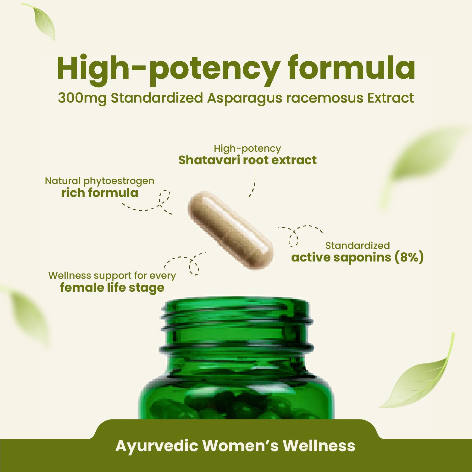 Green bottle of Ayurvedic supplement with text highlighting high-potency formula and benefits.