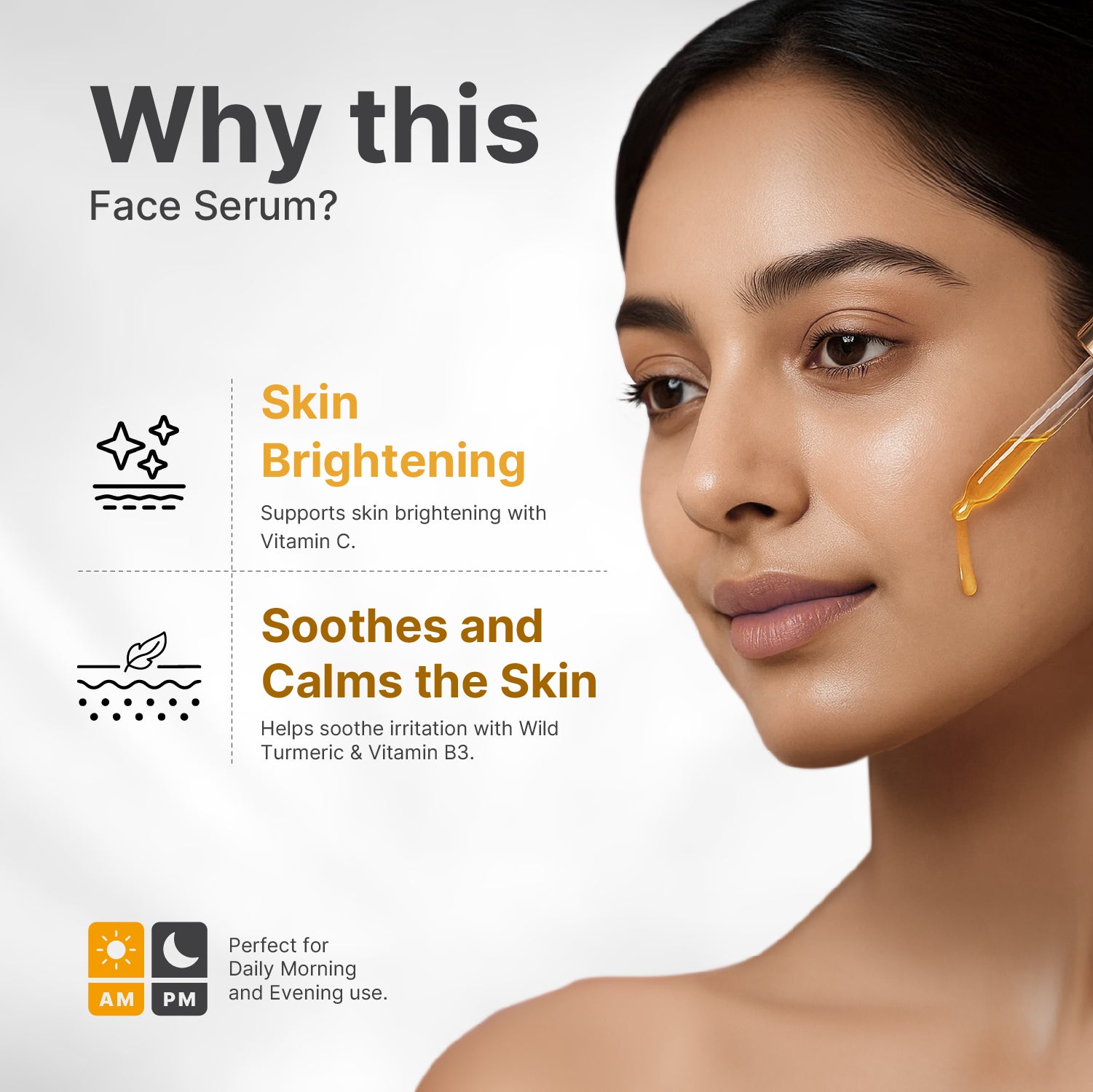 Woman applying face serum with text highlighting skin benefits on a white background